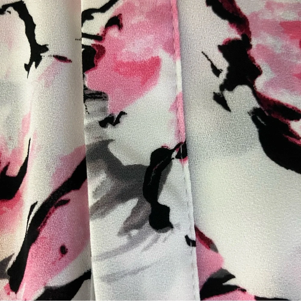 Karl Lagerfeld Pink and Black Floral Cold Shoulder Pearl Tie Accent Top